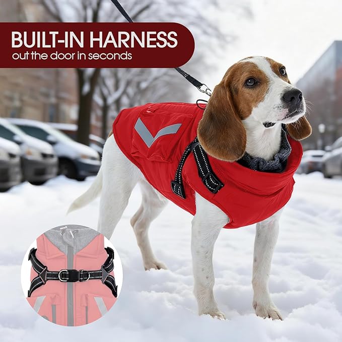 FUAMEY Small Dog Winter Coat with Harness Built in, Fleece Lined Dog Jacket Turtleneck, Pet Vest with Pockets, Back Zipper Puppy Winter Clothes, Doggy Cover for Cold Weather, Shih Tzu (Red, S)