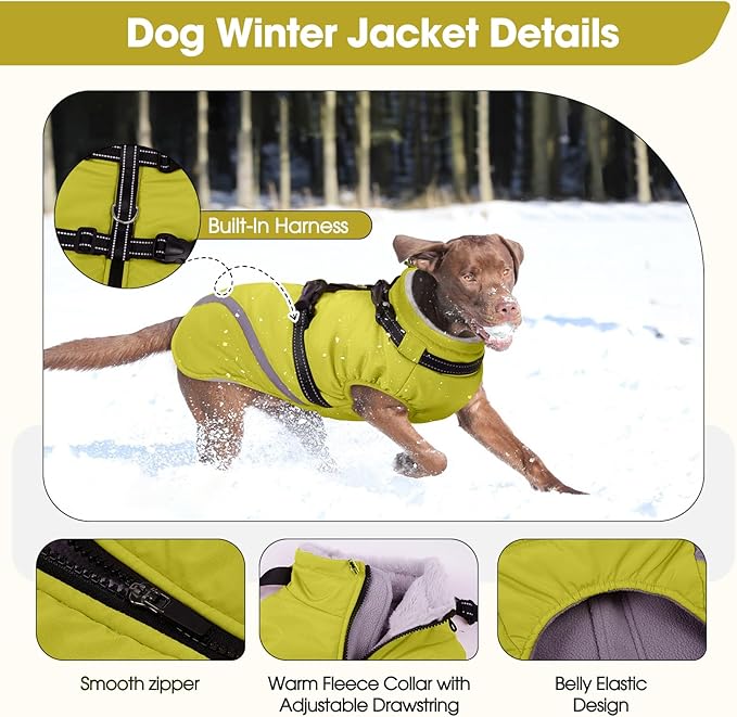 BRKURLEG Dog Winter Jackets for Small Dogs, Dog Coat with Harness Built in, Dogs Snowsuits with Zipper, Waterproof Windproof Pet Puffer Jacket Fleece Vest for Chihuahua, Yorkie, Green XS