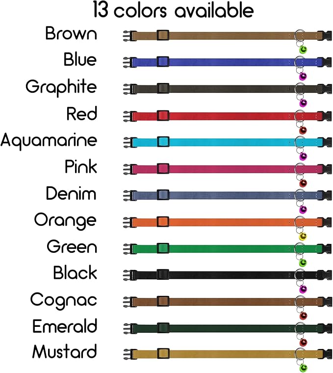 Breakaway Cat Collar Leather with Removable Bell - 13 Colors Available - Soft Adjustable Girl Boy Safety Lightweight Pet Kitten Collars Pink Brown Blue Green Red Orange Black (Blue)