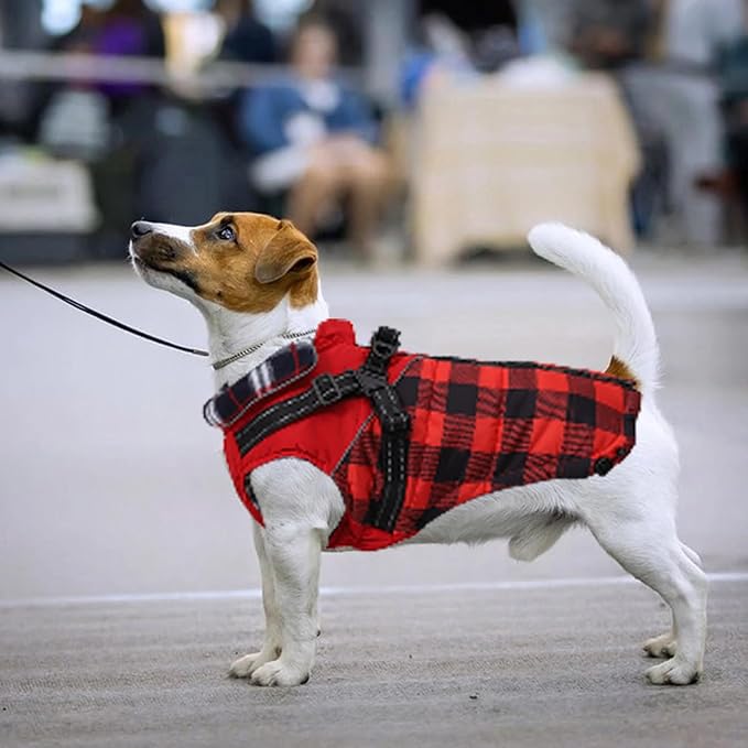 Dog Coat with Harness,Small Dog Winter Coat,Doggie Jackets with Built in Harness,Adjustable Warm Jacket for Medium Large Dogs,Pet Puppy Cold Weather Coats for Dogs Waterproof (PlaidRed, X-Large)