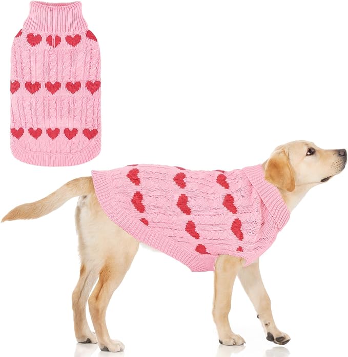 KOOLTAIL Cable Knit Dog Sweater Turtleneck, Cold Weather Pullover Classic Knitwear, Snowflake Pattern Thick Warm Winter Pet Clothes,Dog Christmas Sweater for Small Medium Large Dogs,Pink Heart L