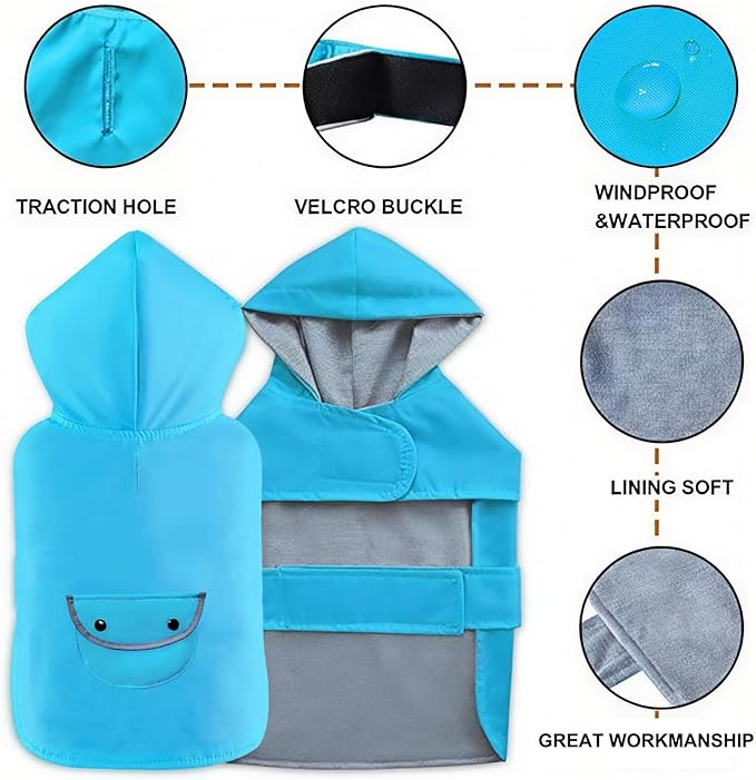 Small Dog Raincoat Dogs Rain Jacket for Puppy Reflective Poncho Rainwear Waterproof Pet Clothes Warm Lined Pocket Hooded Leash Hole Adjustable Puppy,Blue,XS,Back Length 6.3 Inch
