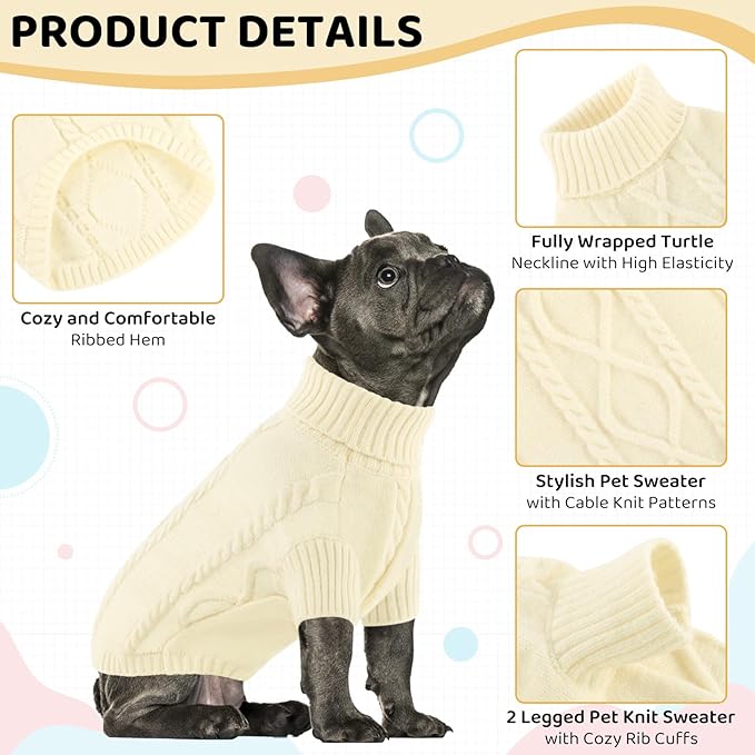 Queenmore Small Dog Pullover Sweater, Cold Weather Cable Knitwear, Classic Turtleneck Thick Warm Clothes for Chihuahua, Bulldog, Dachshund, Pug (White, Medium)