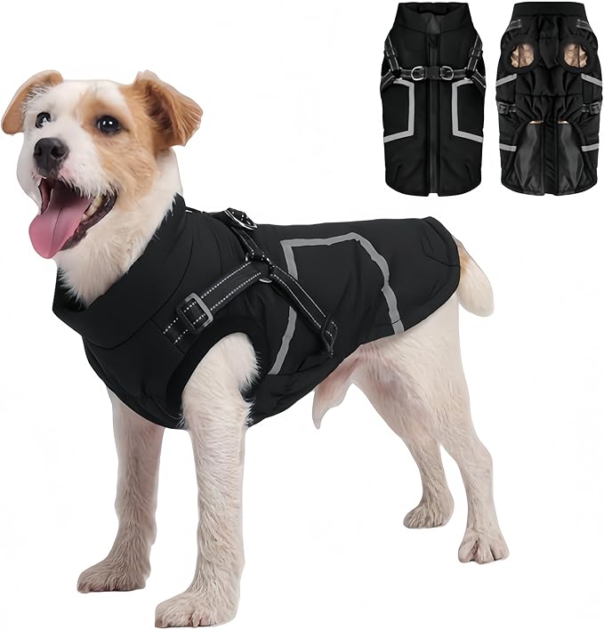 Warm Dog Coat Reflective Jacket, Waterproof Winter Coat for Dogs Turtleneck Dog Clothes for Cold Weather (Black, S(Chest:14.1-15.7",Neck:(12.9"))