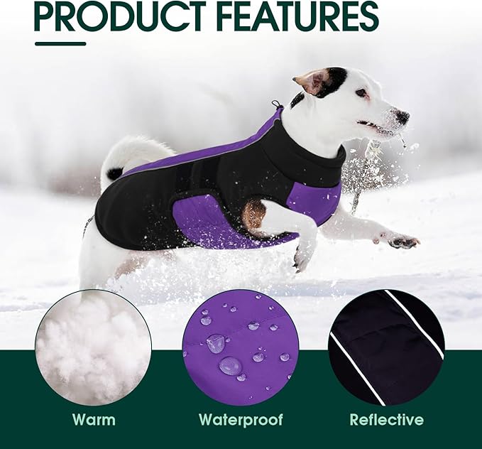 Kuoser Dog Jacket, Dog Coats for Large Dogs Winter Waterproof, Reflective Doggie Vest with Leash Hole, Cold Weather Coats Pet Snow Jacket for Labrador Beagle, Purple XL