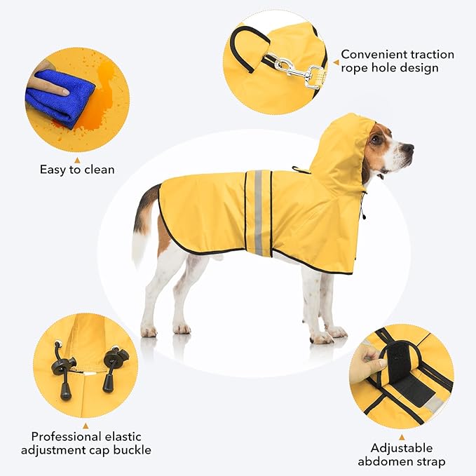 Hooded Dog Rain Coats - Reflective Adjustable Pet Rain Coat, Lightweight Dog Waterproof Raincoat Slicker Poncho with Leash Hole for Small, Medium, Large Dogs (Yellow, X-Large)