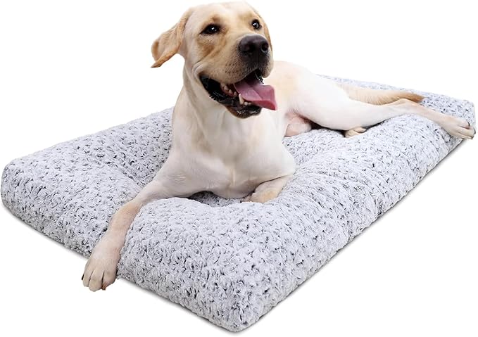 KSIIA Washable Dog Bed Deluxe Plush Dog Crate Beds Comfy Kennel Pad Anti-Slip Pet Sleeping Mat for Large, Jumbo, Medium, Small Dogs Breeds, 47" x 29", Gray
