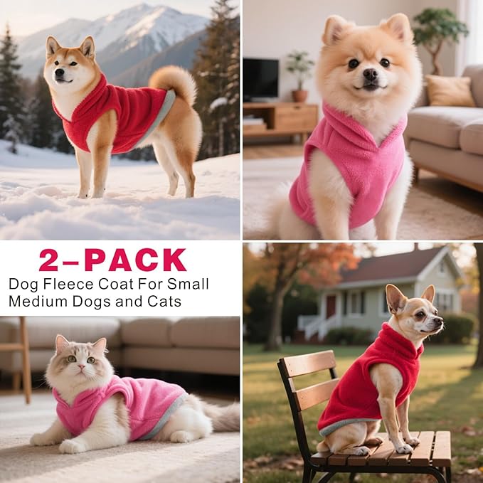 Idepet 2 Pack Dog Fleece Vest Sweater Warm Pullover Jacket with D-Ring Leash Reflective Winter Coat Hoodie for Puppy Cat French Bulldog Pug Chihuahuas Yorkies Dachshunds (Red&Rose Red,Medium)
