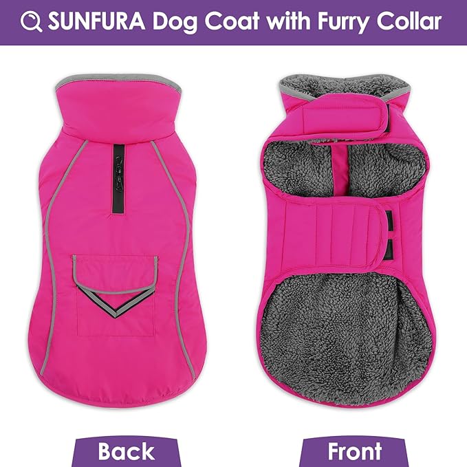 SUNFURA Dog Coat, Large Dog Jacket Reflective Winter Coat for Cold Weather, Windproof Pet Snow Jacket with Pocket, Warm Fleece Sweater Clothes for Large Dogs, Hot Pink L