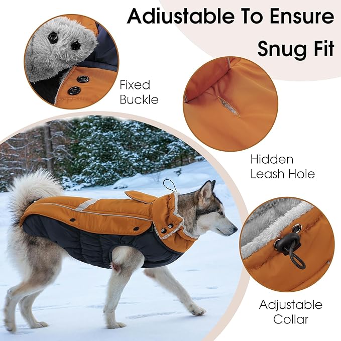 Queenmore Warm Fleece Dog Jacket with Leash Hole - Cold Weather Waterproof Dog Snow Jacket & Reflective Turtleneck Coat for Small-Medium & Large Dogs (Brown, L)