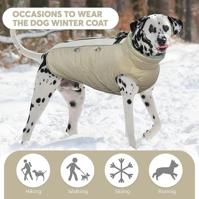 IDOMIK Warm Dog Coat with Harness, Waterproof Reflective Dog Jackets for Small Medium Large Dogs, Fleece High Collar Winter Jacket with Zipper, Pet Winter Snowsuit Clothes for Cold Weather,Khaki 3XL
