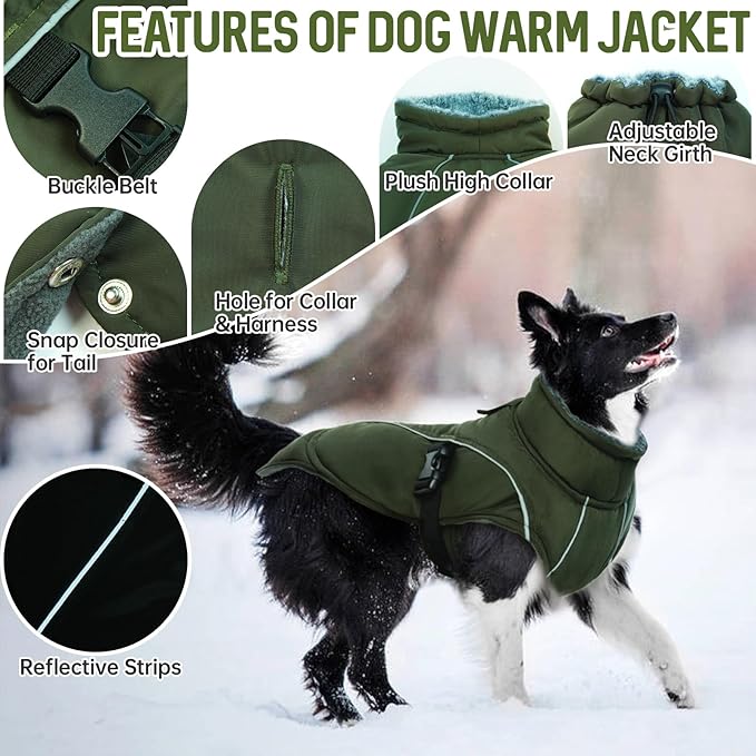 DENTRUN Large Dog Coat - Thick Fleece Lined Reflective Winter Jacket, Snap Closure & Leash Hole, Warm Thick Fleece Lined, Plush Turtleneck Vest for German Shepherd, Army Green, XXL