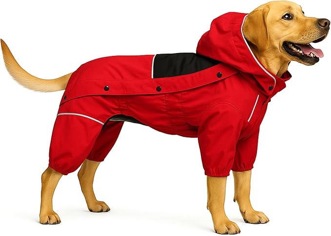 LOVELONGLONG Fleece-Lined Dog Raincoat with Removable Hood – Waterproof Winter Full Body Dog Jacket – Windproof Snowproof Cold-Weather Suit – Red-F XL