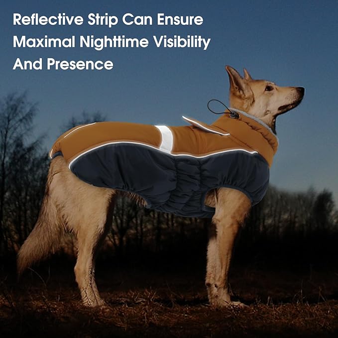Queenmore Warm Fleece Dog Jacket with Leash Hole - Cold Weather Waterproof Dog Snow Jacket & Reflective Turtleneck Coat for Small-Medium & Large Dogs (Brown, L)