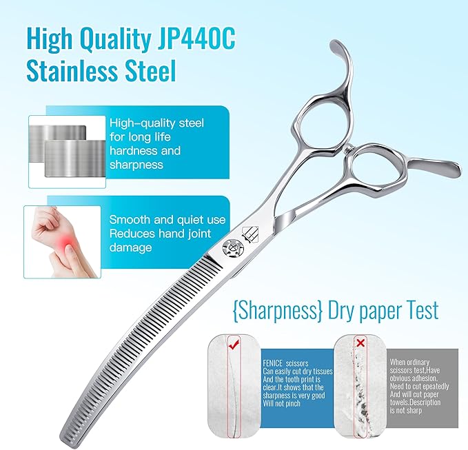 Professional Curved Thinning Scissors for Dog Grooming, 30-Degree Curvature, Japanese 440C for Trimming Dogs Cats and Other Pets face and paws (Curved Thinner)