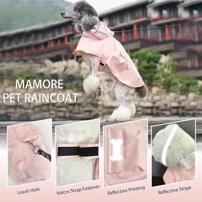 Dog Raincoat Waterproof, Adjustable Reflective Hooded Dog Rain Poncho with Leash Hole for Small Medium Large Dogs (Pink, Large)