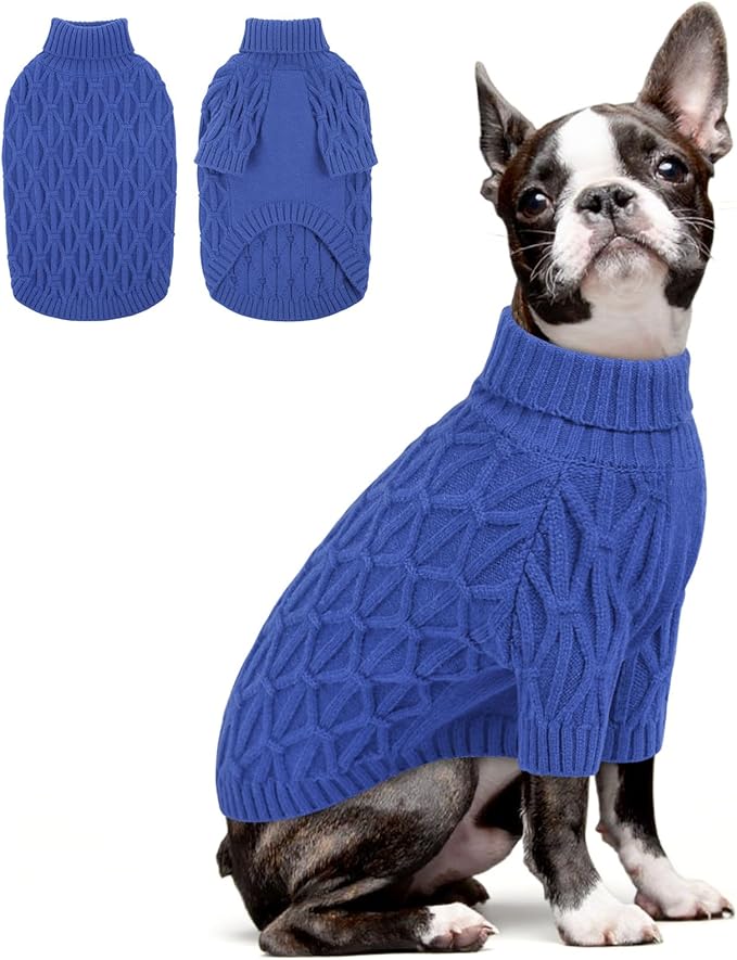 Queenmore Large Dog Sweater,Dog Sweaters for Large Dogs Male Female,Thanksgiving Fall Knit Sweater for Dogs,Turtleneck Thick DogSweaters,Knitwear Pet Clothes for Corgi,French Bulldog(Royal Blue,L)