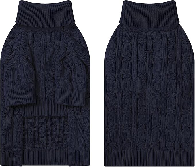 Small Dog Thermal Pullover Sweater, Classic Turtleneck Cable Knitwear Dog Clothes for Cold Weather Warm Pet Clothes for Chihuahua, Bulldog, Dachshund, Pug Navy Large