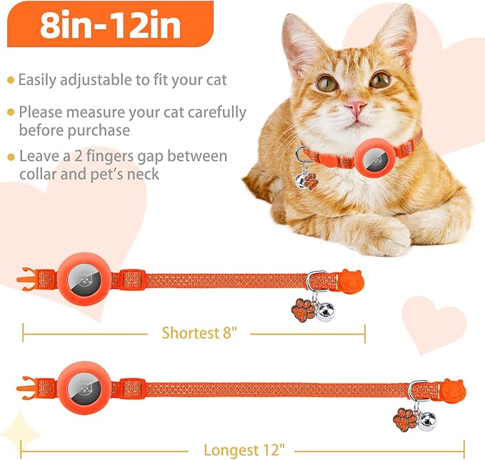 PUPTECK Airtag Cat Collar Breakaway 2 Pack with Bells, Reflective Kitten Collar with Air Tag Holder for Boy Girl Kitty and Puppies, Soft, Orange & Purple