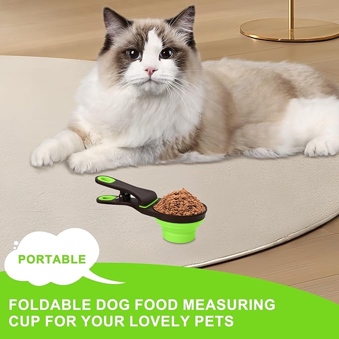 Collapsible Silicone Dog Food Scoop Foldable Pet Food Measuring Cup with Bag Clip 3 in 1 Multi-Function Silicone Dog Food Scooper (Green, Small)