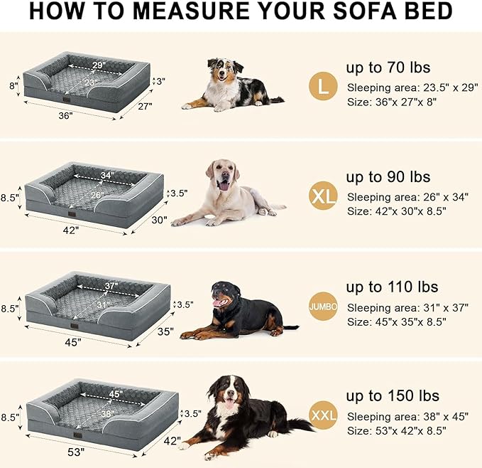 Orthopedic XXL Dog Beds, Waterproof Memory Foam Big Bolster Pet Bed for Extra Large Sized Dogs 53x42Inch, Non-Slip Bottom and Egg-Crate Foam Dog Couch Bed with Washable Removable Cover, Grey