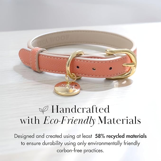 NINA WOOF Rio Padded Luxury Dog Collar - Vegan Leather, Adjustable Buckle - Fits Small to Large Dogs - Peach