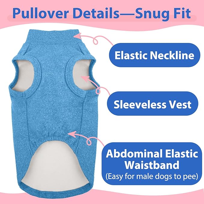 Dog Fleece Vest - Blue, S - Warm and Stretchable Sweatshirt | Sleeveless Lightweight Sweater, Pullover Design for Small Dogs, Chihuahua Clothes, Papillon, Pomeranian