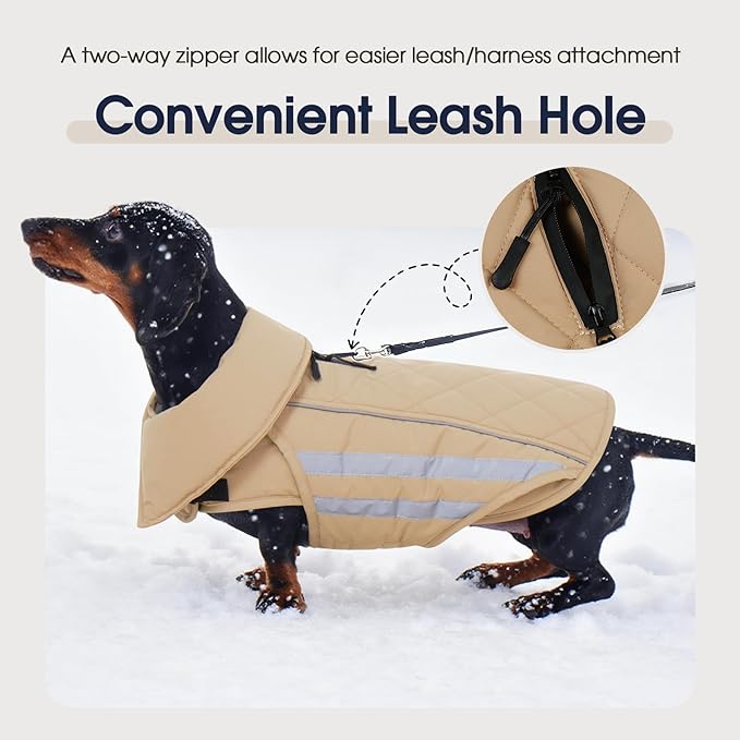 IECOii Dog Coat Waterproof - Adjustable & Reflective Winter Jacket with Cozy Fleece Lining, Coats for Rainy, Snowy Outdoor Activities, Khaki, Sizes M