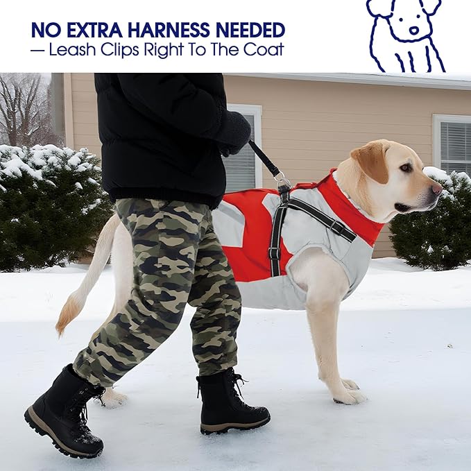 FUAMEY Dog Winter Jackets for Small Dogs,Dog Coat with Harness Built in,Waterproof Dogs Snowsuits Warm Pet Jacket Zip Up Fleece Cold Weather Coats Reflective Puppy Vest with Pocket Red S