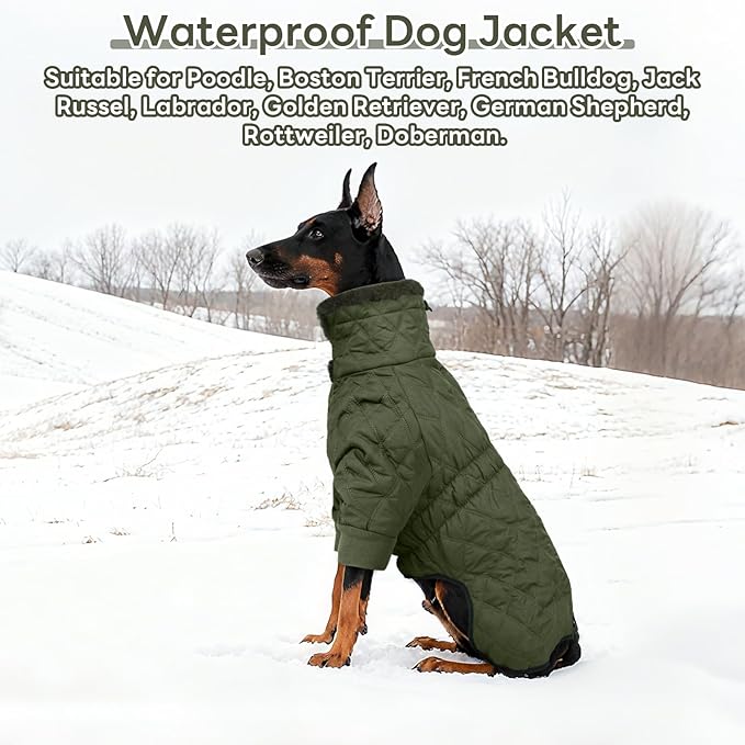 IDOMIK Dog Winter Coat for Large Dogs, Warm Dog Winter Jacket with Fleece High Collar, Zippered Cold Weather Coats for Dogs, Waterproof Doggy Snow Jacket Clothes,Green,2XL
