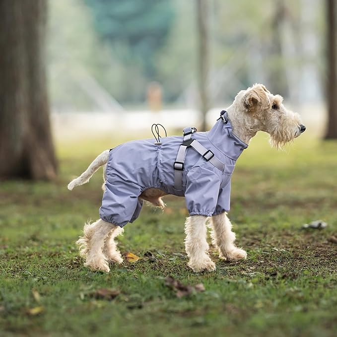 Mile High Life Waterproof Dog Raincoat, Full Coverage Small Dog Rain Coat with Harness, Adjustable 4 Legs Puppy Rain Jacket with Reflective Strip and Elastic Cuffs (Purple, L Back Length 16.1")