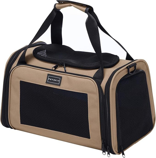 PETSFIT Pet Carrier for Cat, Small Dogs, Dog Carrier Airline Approved, TSA Approved Soft Cat Carrier for Travel, Small Animal Carrier for Pets Under 12 Lbs, Khaki