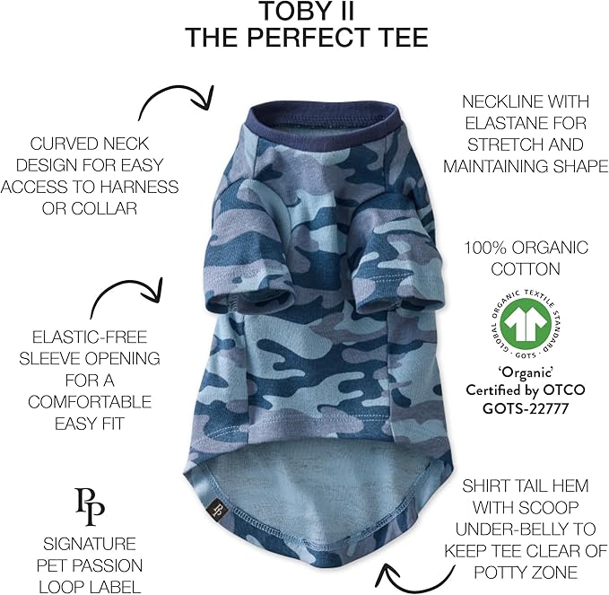 Toby II - The Perfect Tee, 3 Pack Short Sleeve Pet T-Shirt 100% Organic Cotton Tees Clothes for Small, Medium, Large Dogs, Navy Camo, X-Small