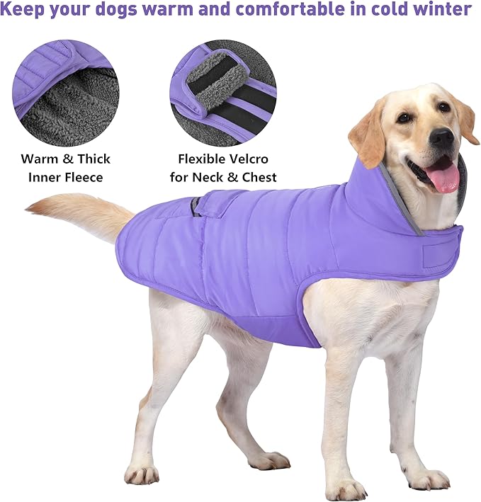 Dog Coat, Waterproof Dog Winter Jacket with Pocket, Reflective Adjustable Pet Snow Vest, Warm Cozy Fleece Sweater for Small Medium Extra Large Dogs - Light Purple, 3XL