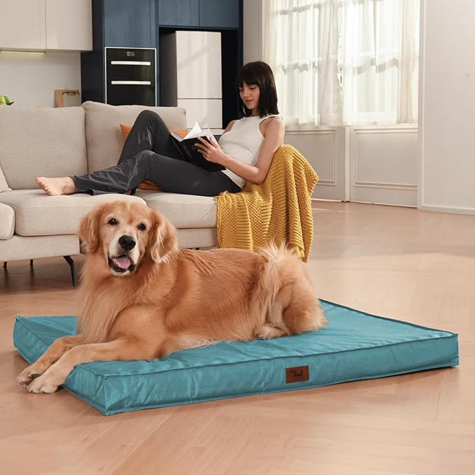 Outdoor Extra Large Dog Bed, Jumbo Waterproof Dog Bed for Large Dogs, Orthopedic Egg Crate Foam Pet Mat with Removable Oxford Cooling Cover, Light Blue