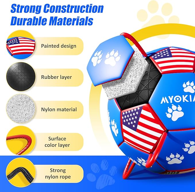 Size 2 Dog Soccer Ball with Straps Durable Training Ball for Pets Interactive Outdoor Dog Toy, Blue & Red, Paw Prints Flag Design, for Small to Medium Puppies, Pet Supplies