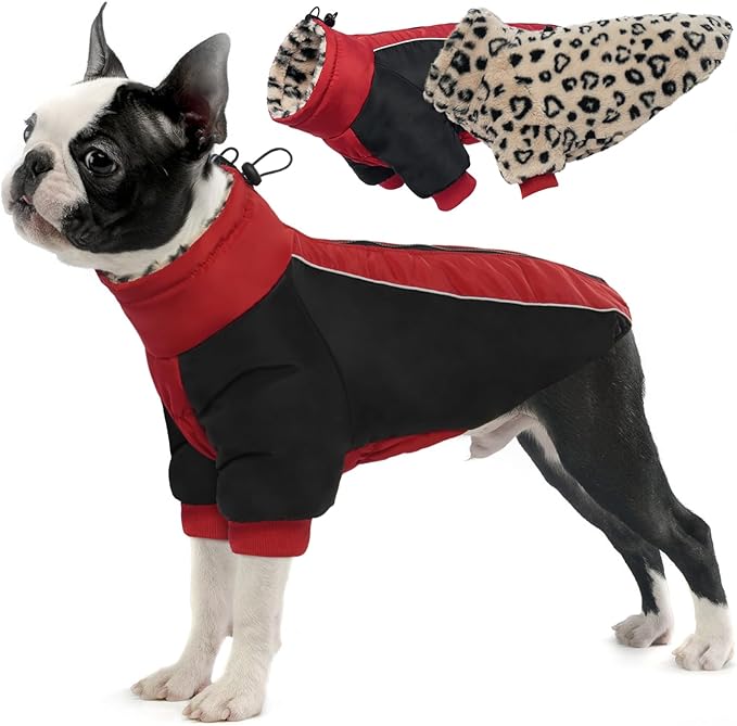 IDOMIK Reversible Dog Winter Coat, Thick Warm Dog Coat with Leopard Fleece Lining&Zipper, Adjustable High Collar Waterproof Jacket, Reflective Pet Cold Weather Coats for Medium Dogs,Red,M