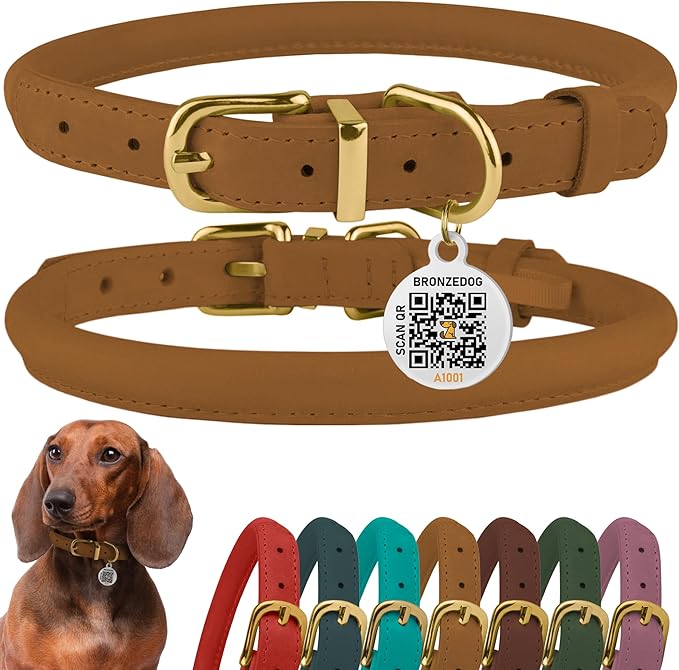 BronzeDog Rolled Leather Dog Collar with QR ID Tag, Adjustable Soft Round Collars for Small Medium Large Dogs Puppy (9" - 11" Neck Size, Light Brown)