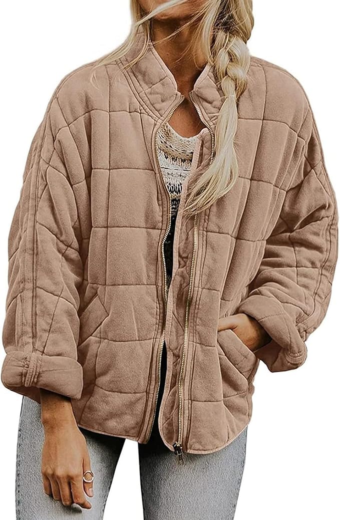 LIZALIG Warm Padded Coat for Women Full Zip Quilted Jackets Winter Oversized Causal Solid Color Stand Collar Pockets Coat