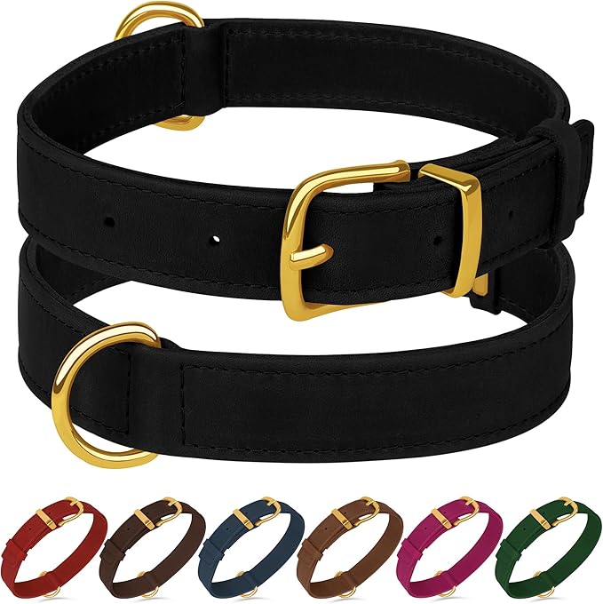 Leather Dog Collar - Heavy Duty Adjustable Soft Padded Pet Collars for Small Medium Large Dogs Breed - Black Green Brown Pink Red Blue (Black, XL, 19"-24" Neck Fit)