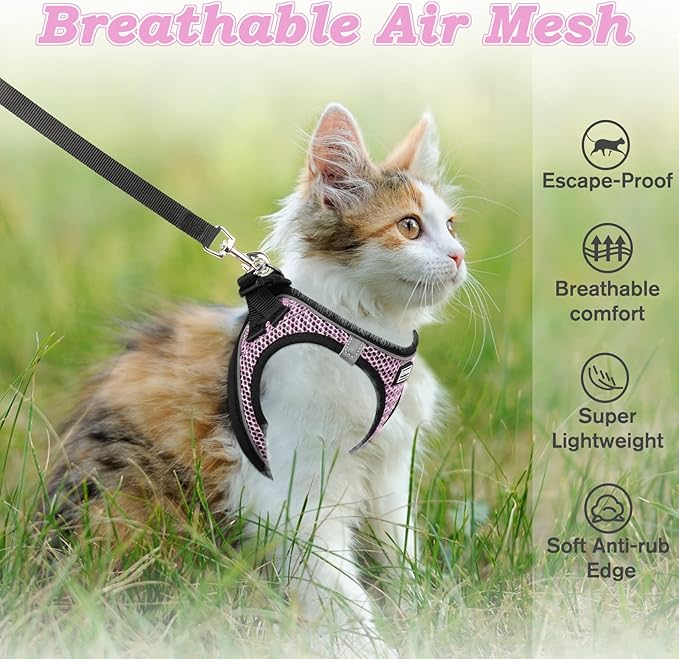 Cat Harness and Leash for Walking Escape Proof, Adjustable Kitten Vest Harness Reflective Soft Mesh Puppy Harness for Outdoor, Comfort Fit, Easy to Control (Lpink, M)
