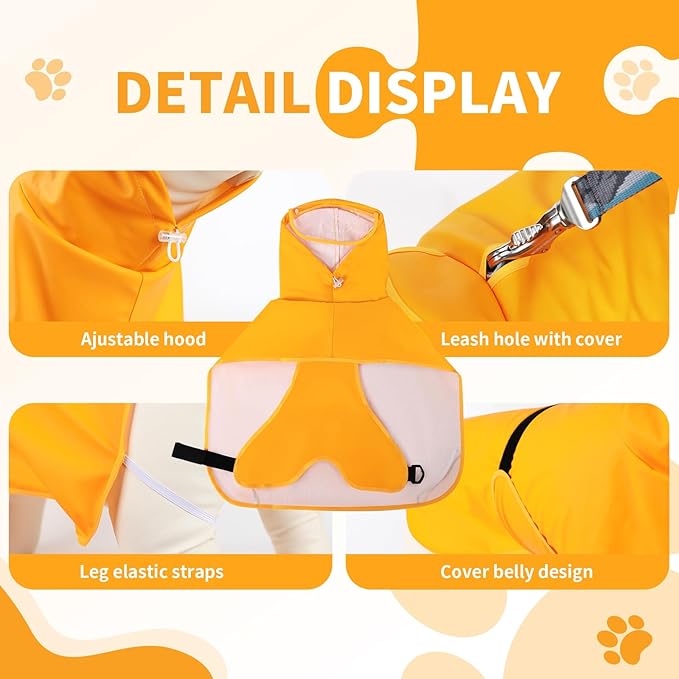 Dog Raincoat, Waterproof Windproof Dog Rain Jacket with Hood, Rain Coat with Leash Hole, Adjustable Raincoat Poncho for Small Medium Large Dogs Outdoor (Yellow, Large)
