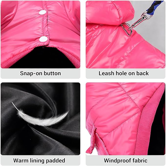 LESYPET Dog Coat for Small Dogs, Windproof Doggie Puffer Jacket with Leash Hole, Extra Warm Dog Jacket Winter Coat, Pink M