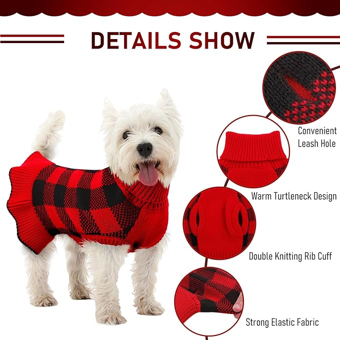 Dog Sweater Dress Plaid Knitwear for Small Medium Dogs Warm Puppy Pet Turtleneck Stretch Pullover Cute Fall Winter Vest Clothes with Leash Hole for Christmas (Red, S)