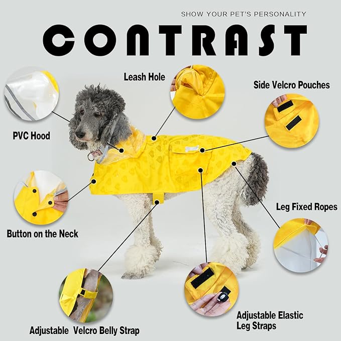 Dog Raincoat,Waterproof Rain Poncho with Hoodie, High Reflective Adjustable Pet Rain Jacket with Leash Hole for Small Medium and Large Dogs (Yellow(Water-Reactive Hydrochromic), Large: 22-37lbs)