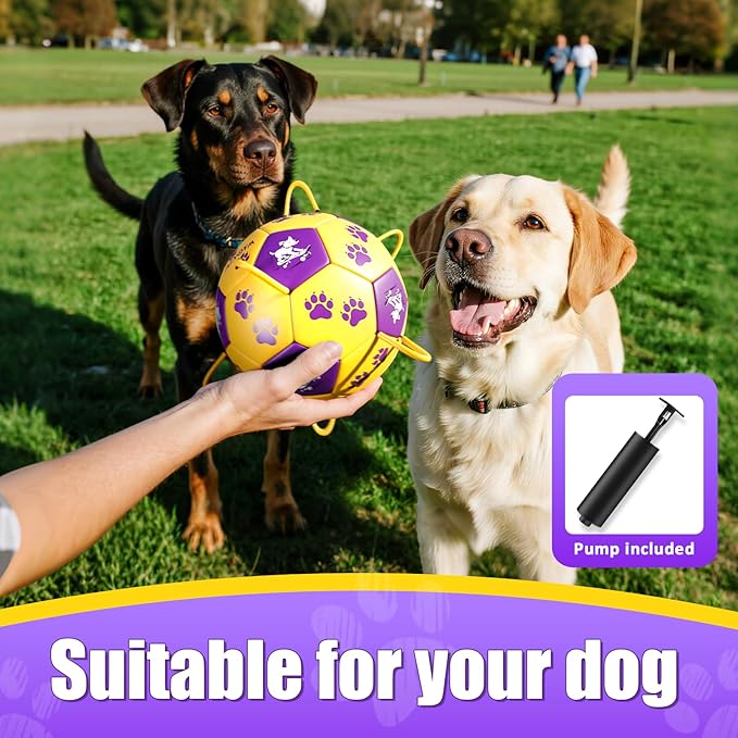 Size 3 Dog Soccer Ball with Straps Durable Training Ball for Pets Interactive Outdoor Dog Toy,Yellow & Purple, Paw and Puppy Design, for Medium & Large Puppie