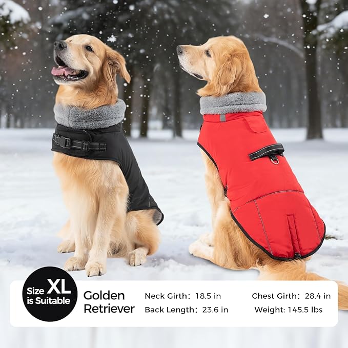 Mihachi Dog Coat for Large Dogs, Warm Dog Winter Coat Waterproof Dogs Jacket with Harness Built in Reflective Pet Fleece Vest, Puppy Cold Weather Coats Turtleneck & Windproof Pet Snowsuit, Red XXL