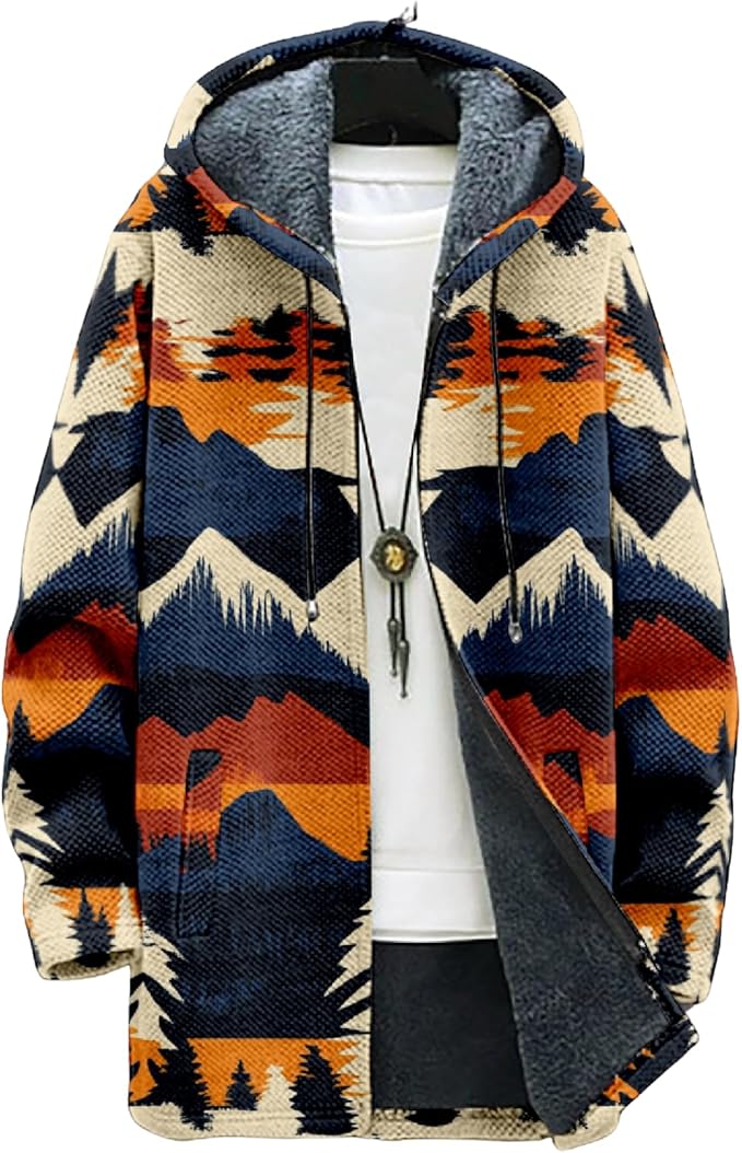 Mens Aztec Print Hoodie Heavyweight Cotton Fleece Jacket Zip Up Warm Long Sleeve Hooded Winter Midi Coat
