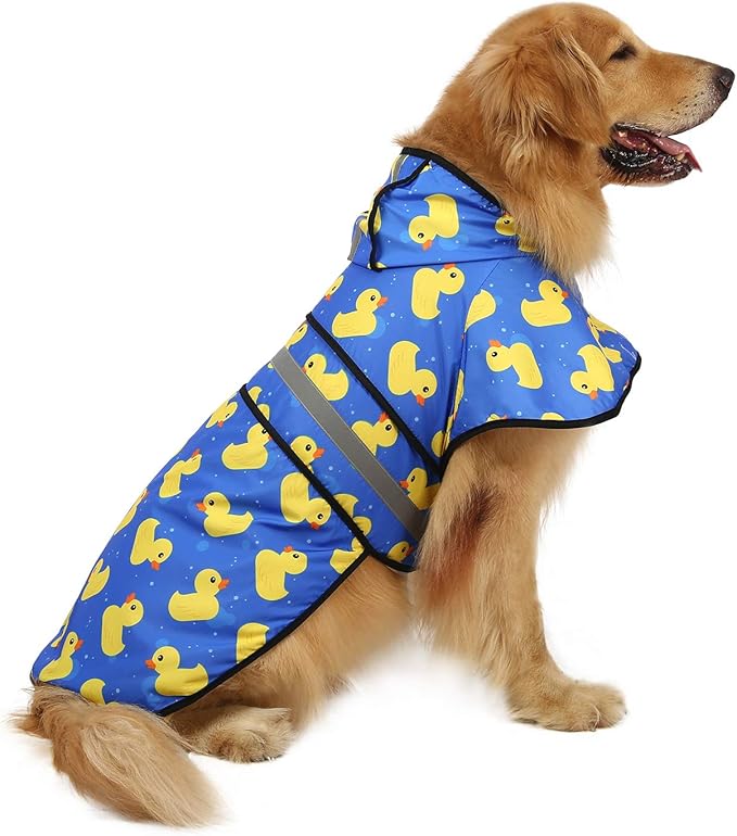 HDE Dog Raincoat Jacket Reflective Adjustable Hooded Pet Poncho Rain Coat with Leash Hole for Small to X-Large Dogs Rubber Ducks - L