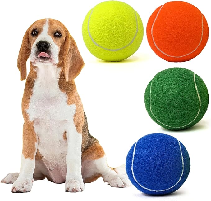 Tennis Ball Dog Toys 4 Pack - Giant 4-Inch Durable and Safe Fetch Tennis Ball for Dogs with Mesh Bag, Large Dog Tennis Balls Perfect for Indoor and Outdoor Interactive Play(Multicolor)